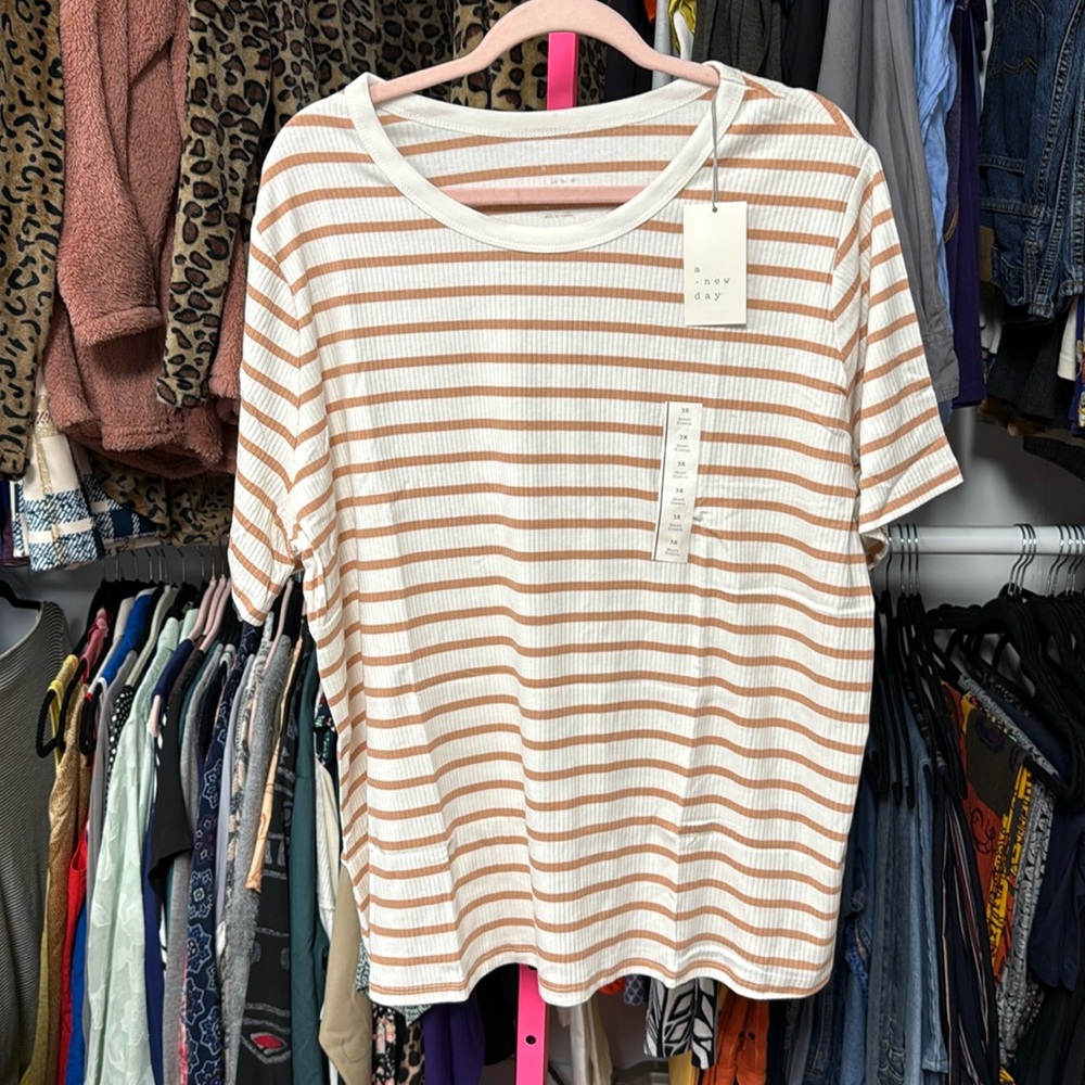 A New Day Women’s striped Ribbed T-Shirt Plus Size Short Sleeves ivory khaki new